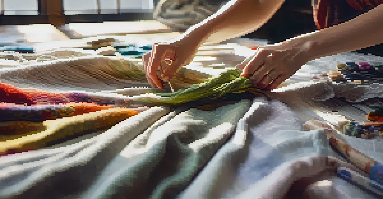 A close-up of a sustainable fashion designer sewing reclaimed fabrics in a bright studio, showcasing the textures and colors of the materials.