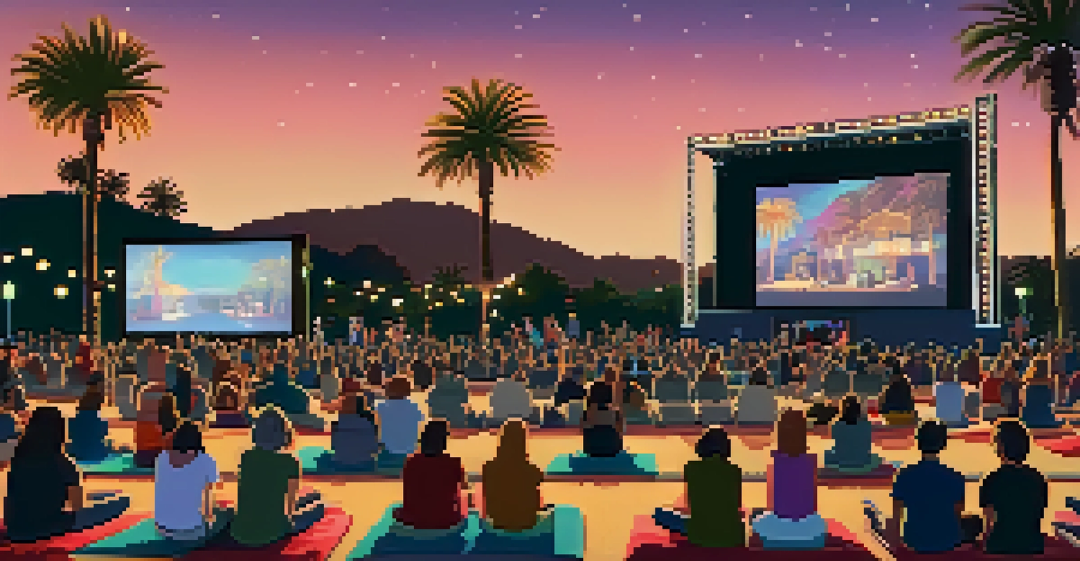 An outdoor cinema scene at the Santa Monica Film Festival, with people watching a film on a large screen surrounded by palm trees and fairy lights.