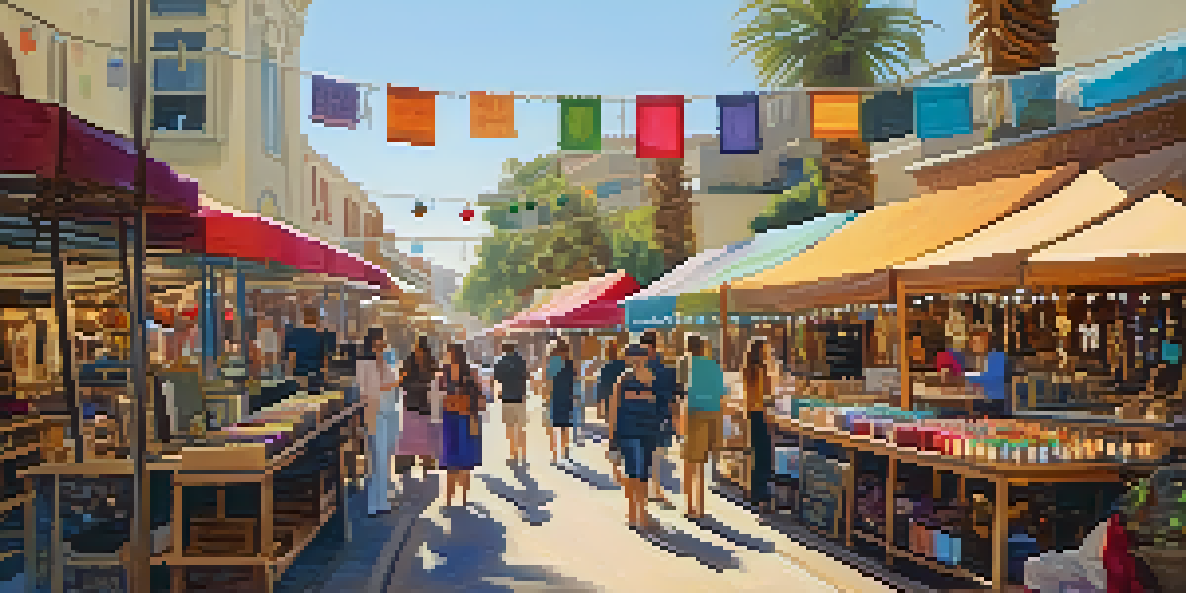 A sunny artisan market in Santa Monica displaying various handmade jewelry pieces on wooden tables.