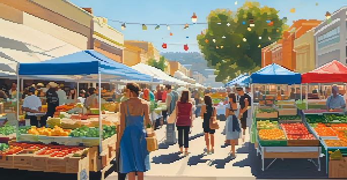 A busy farmers market with colorful stalls of fresh produce and people interacting with farmers under warm sunlight.