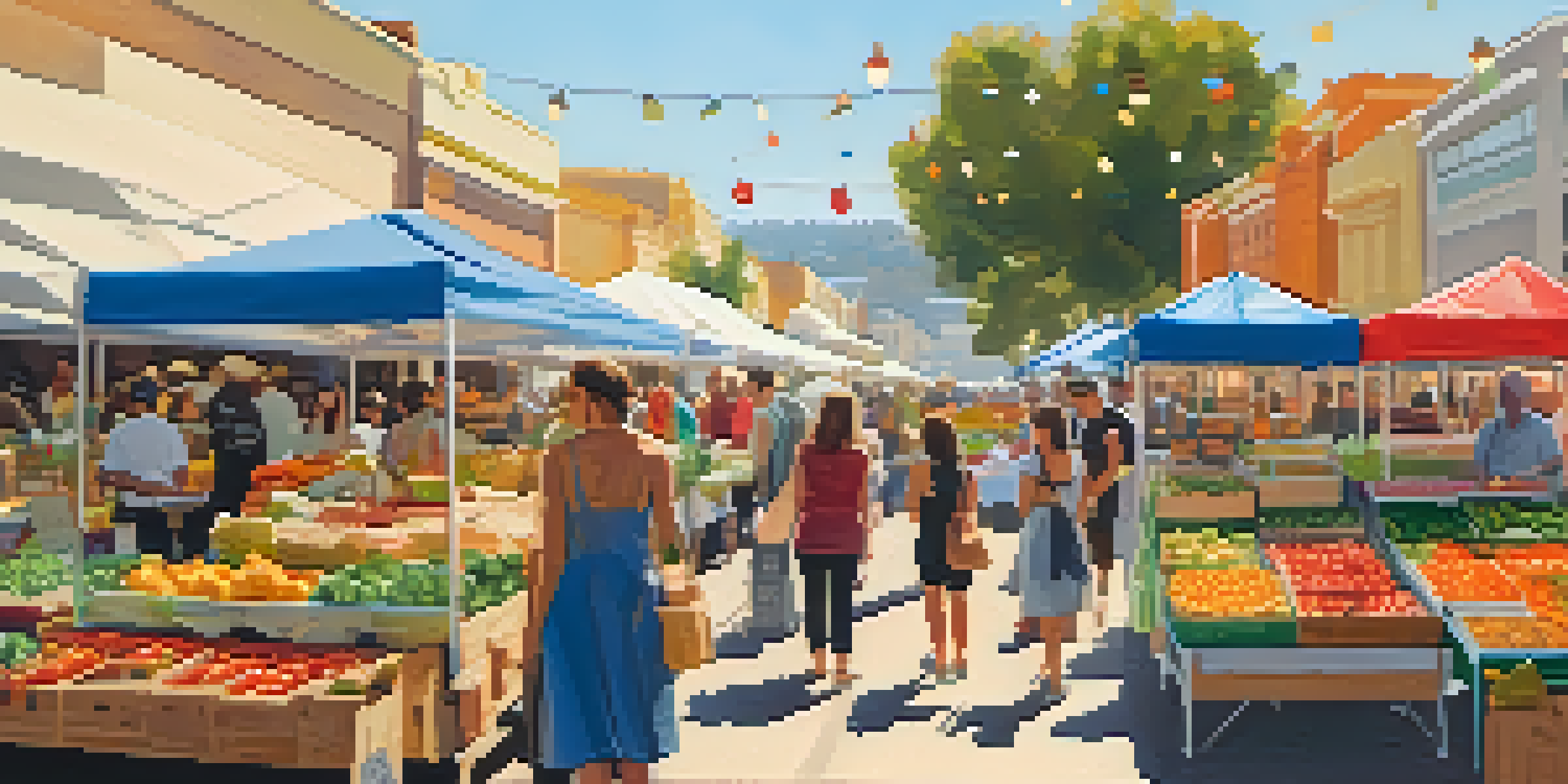 A busy farmers market with colorful stalls of fresh produce and people interacting with farmers under warm sunlight.