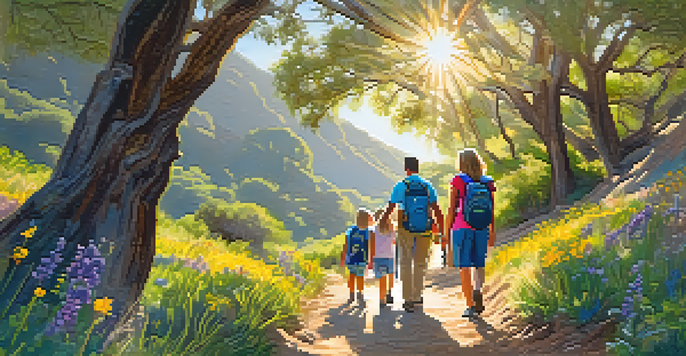 A family hiking group enjoying a colorful trail in the Santa Monica Mountains, with children engaged in a scavenger hunt and parents chatting.