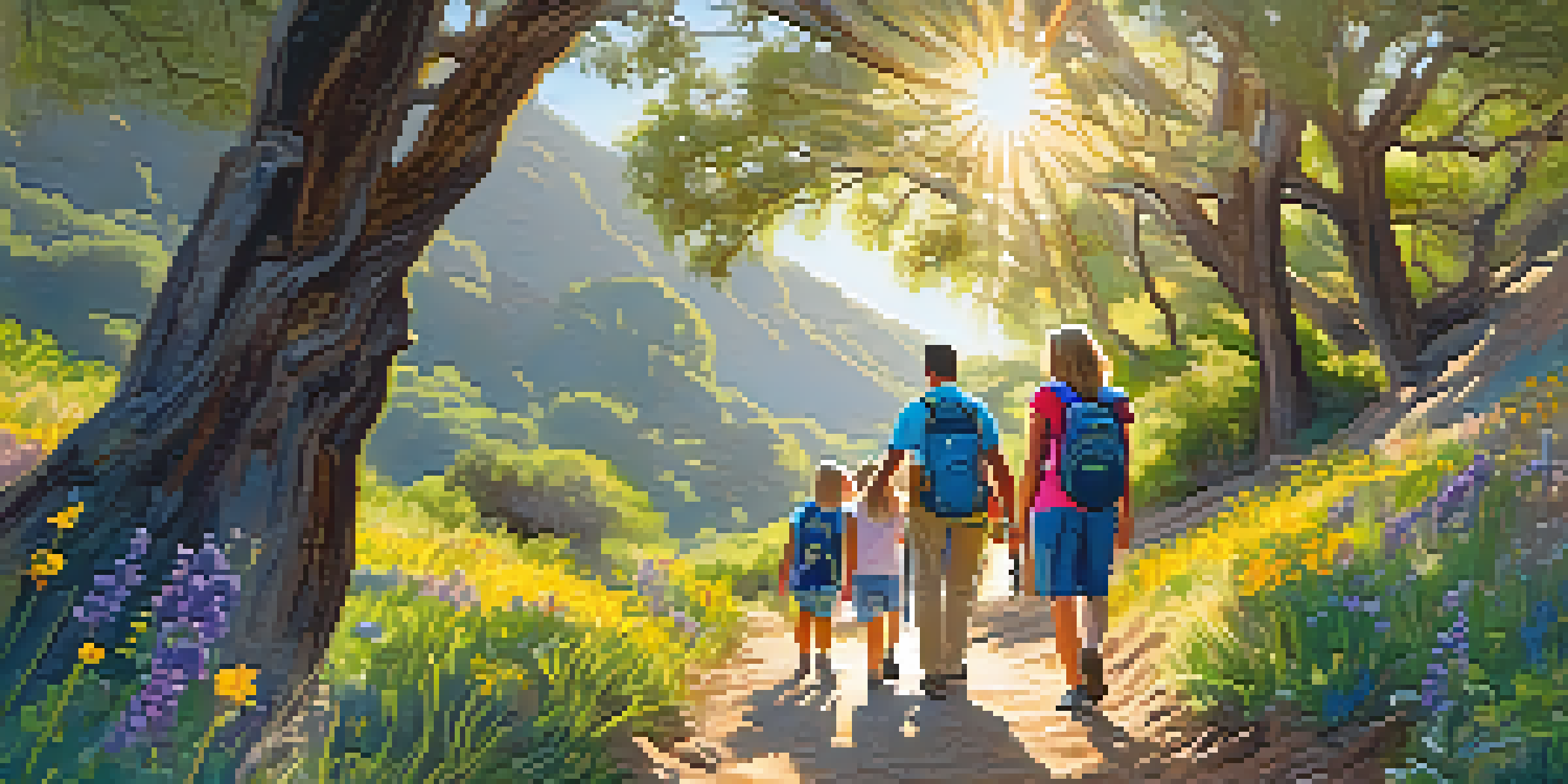 A family hiking group enjoying a colorful trail in the Santa Monica Mountains, with children engaged in a scavenger hunt and parents chatting.