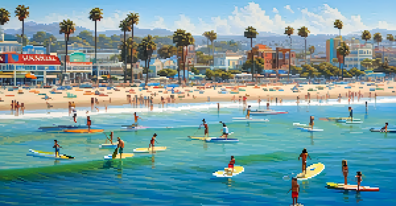 A lively beach scene with people paddleboarding in clear waters, colorful beach umbrellas, and the Santa Monica Pier in the background under a bright blue sky.