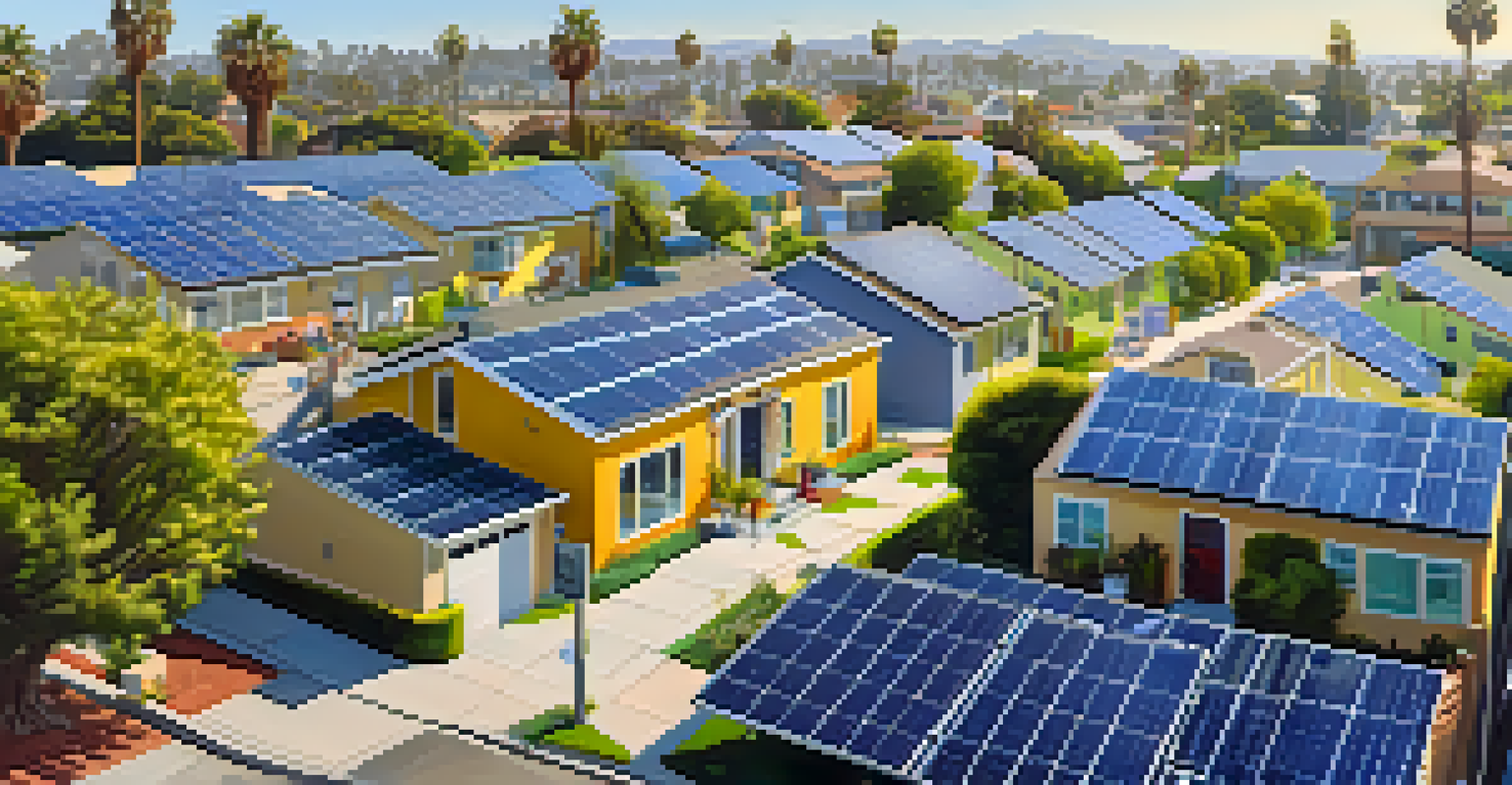 A close-up view of a Santa Monica neighborhood with solar panels and residents engaging in discussion.