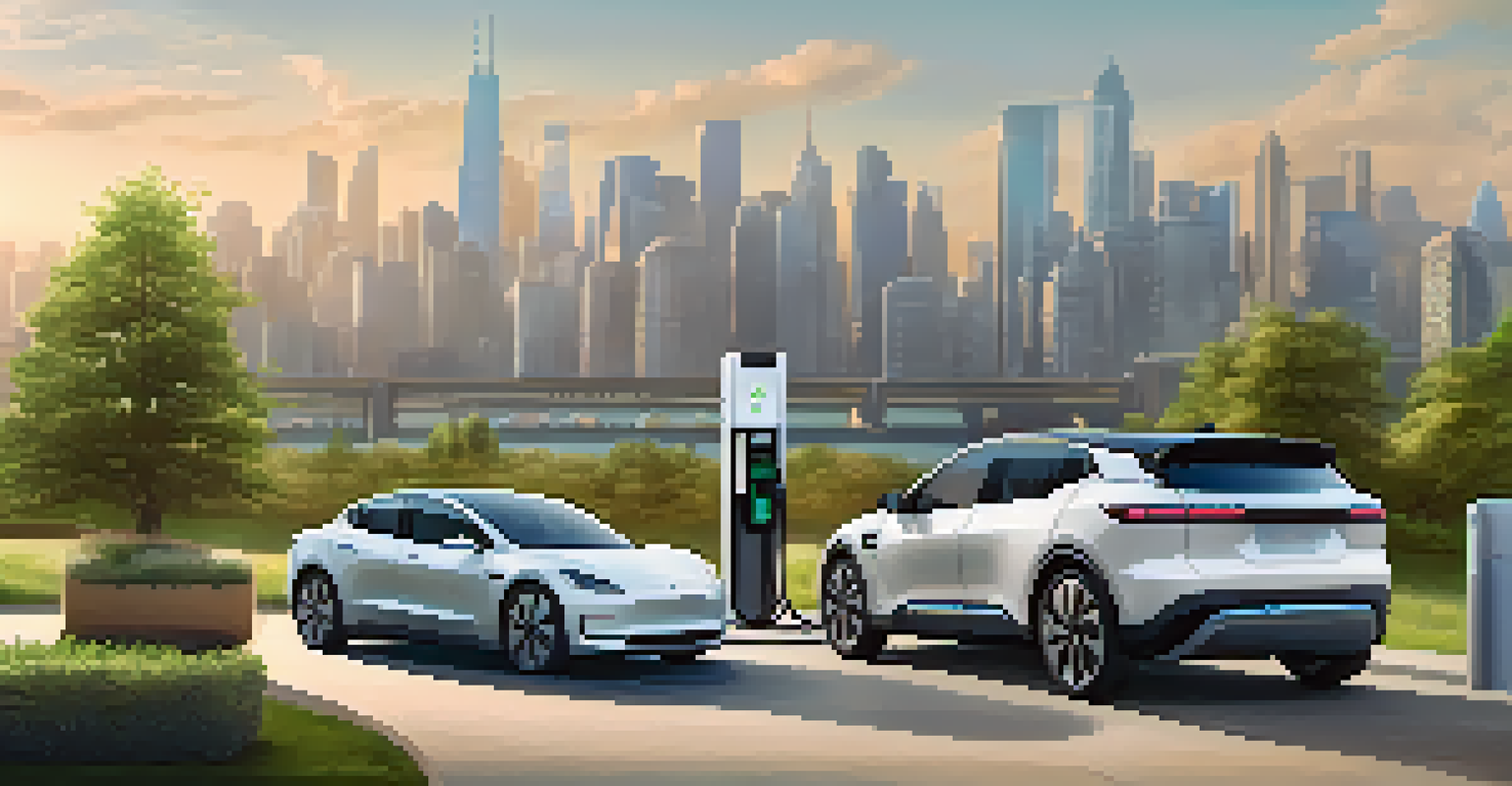 An electric vehicle charging station with a car plugged in, set against a modern city skyline with green parks under natural lighting.