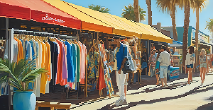 A lively pop-up shop in Santa Monica filled with colorful clothing and accessories, surrounded by palm trees and local artists creating art.