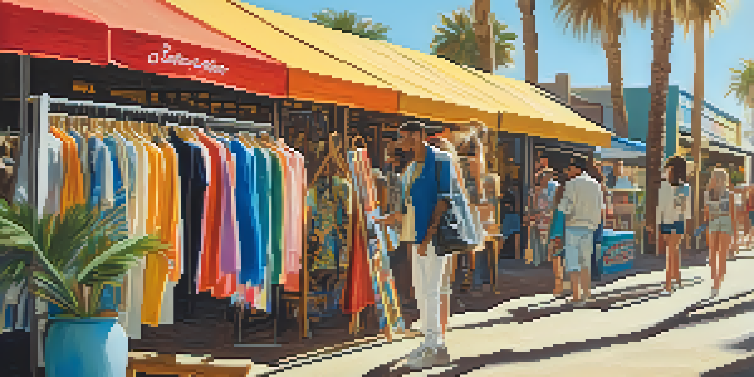 A lively pop-up shop in Santa Monica filled with colorful clothing and accessories, surrounded by palm trees and local artists creating art.