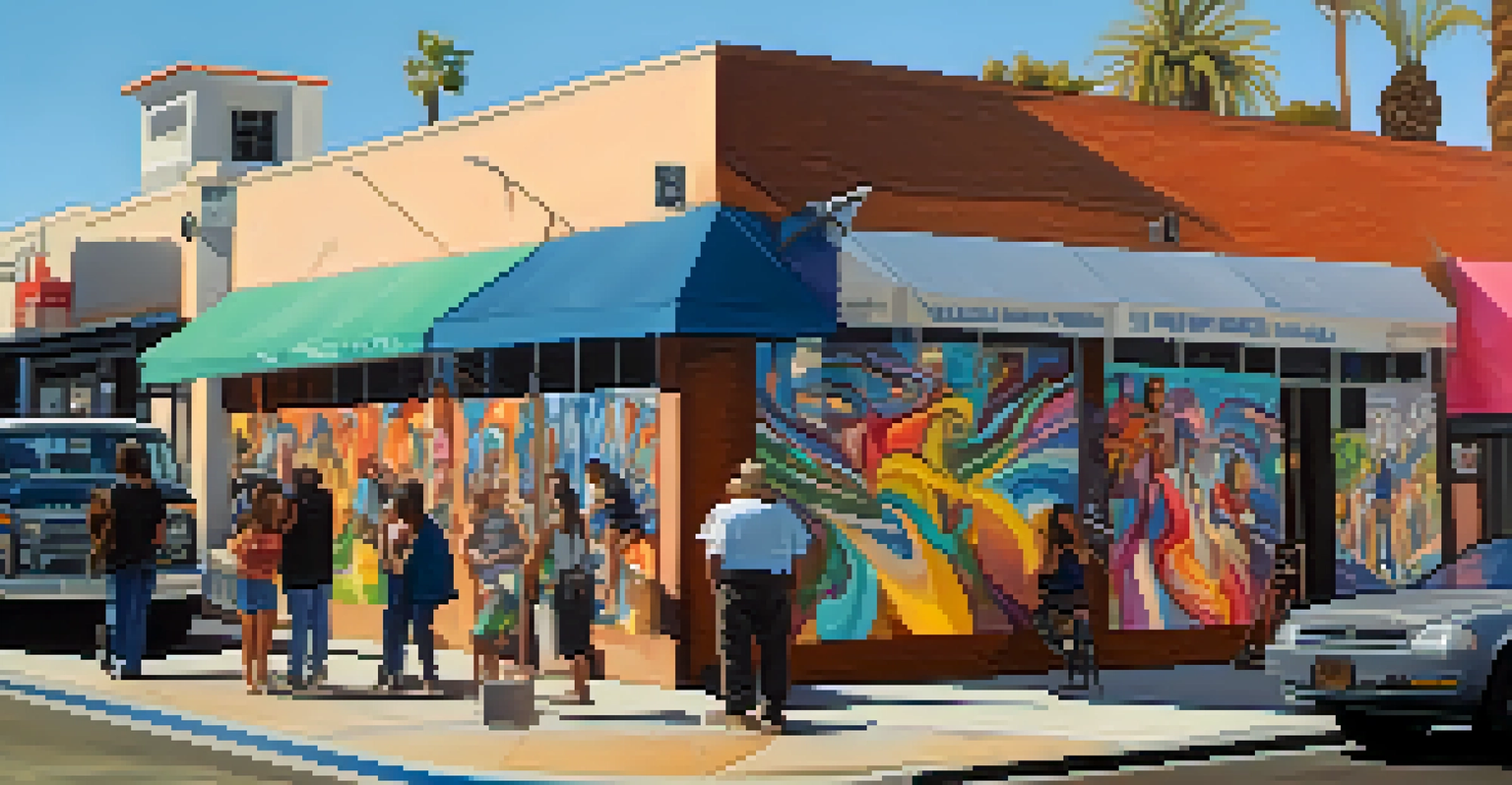 A lively Santa Monica Arts District scene with artists at work and colorful murals, showcasing creativity and community.