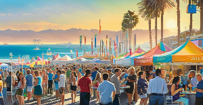 A lively food festival in Santa Monica, filled with colorful food stalls and people enjoying diverse cuisines under the sun.