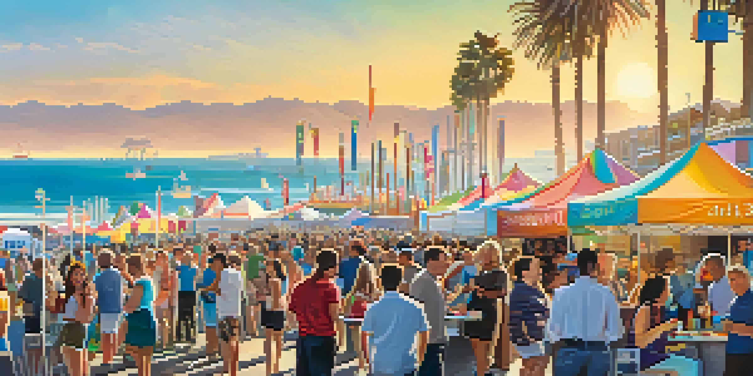 A lively food festival in Santa Monica, filled with colorful food stalls and people enjoying diverse cuisines under the sun.