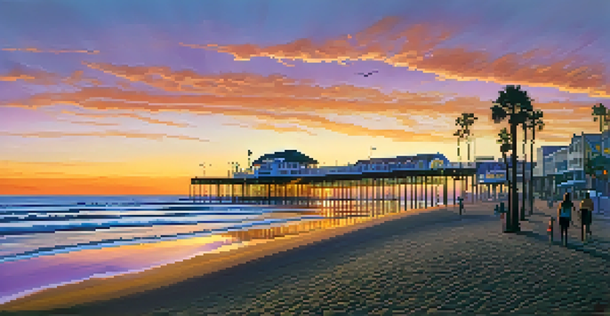 A sunset view of Santa Monica beach with the pier, vibrant sky colors, and palm trees along the shore.