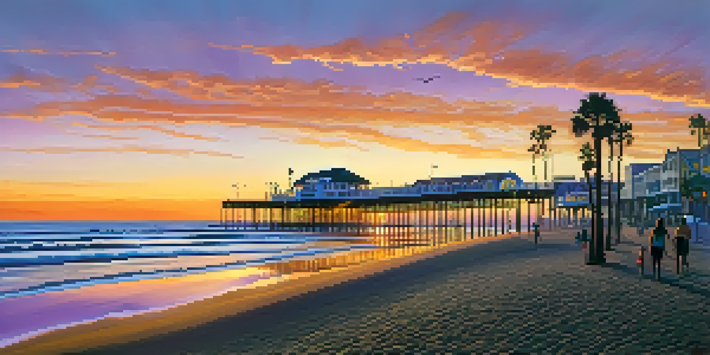 A sunset view of Santa Monica beach with the pier, vibrant sky colors, and palm trees along the shore.