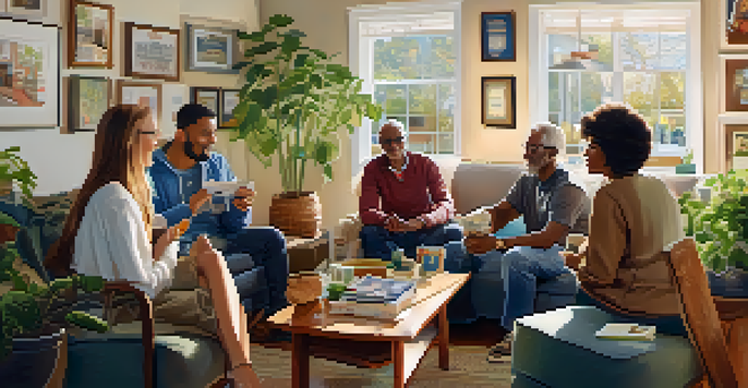 A diverse group of neighbors having a discussion in a cozy living room about their Neighborhood Watch program, with community flyers and a map on the wall.
