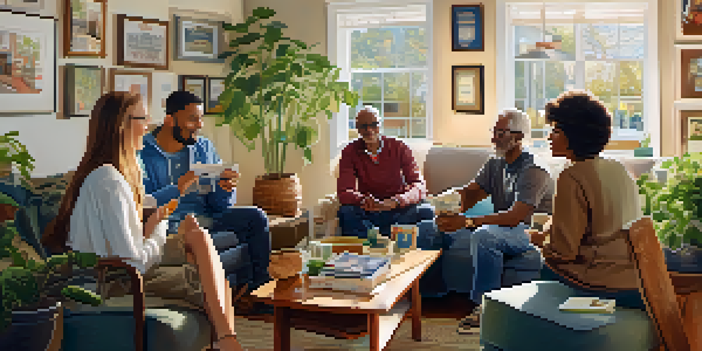 A diverse group of neighbors having a discussion in a cozy living room about their Neighborhood Watch program, with community flyers and a map on the wall.