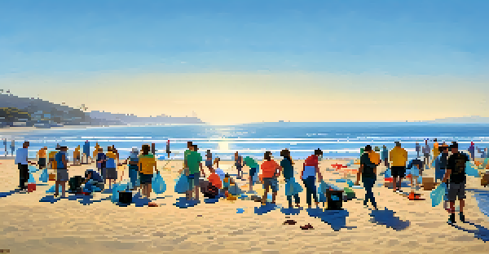 A group of diverse volunteers cleaning a beach in Santa Monica with trash bags and the ocean in the background.