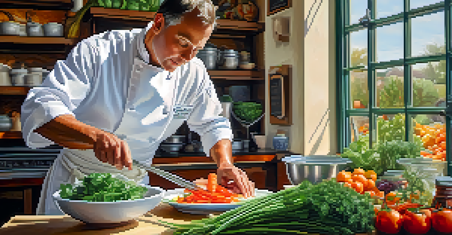 A local chef in a Santa Monica restaurant preparing a vibrant dish with fresh ingredients on the counter, illuminated by natural light.