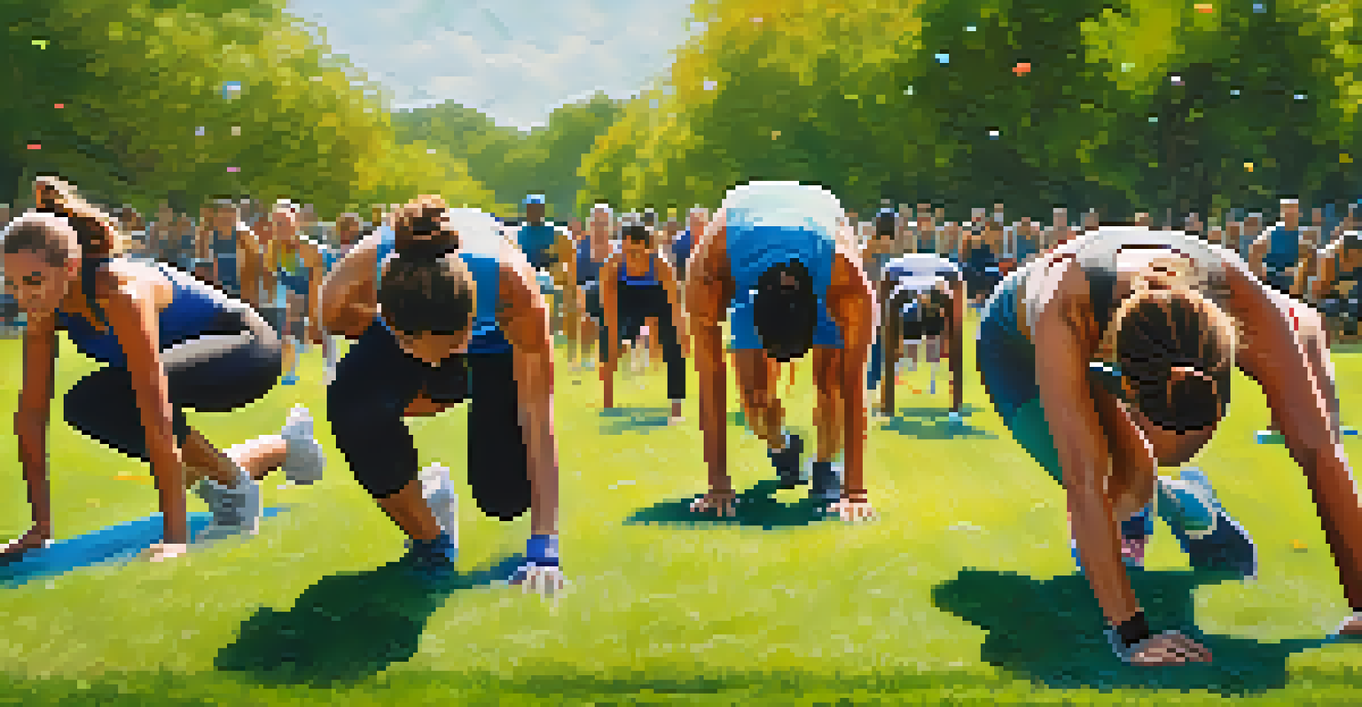A close-up of boot camp participants doing burpees on grass, showcasing their focused expressions and energetic movements.
