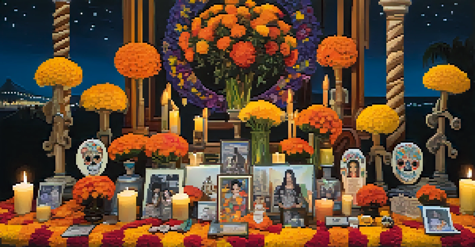 A decorated altar for Dia de los Muertos with marigolds and candles, local artists displaying work, and community members sharing stories under the stars.
