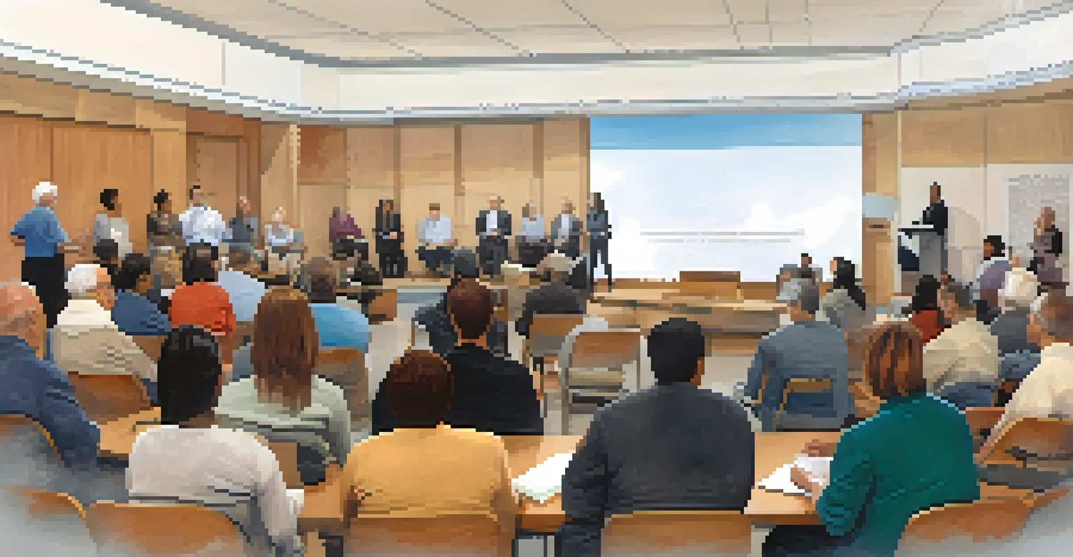 Residents attending a city council meeting in a modern community center, engaged in listening to a speaker.