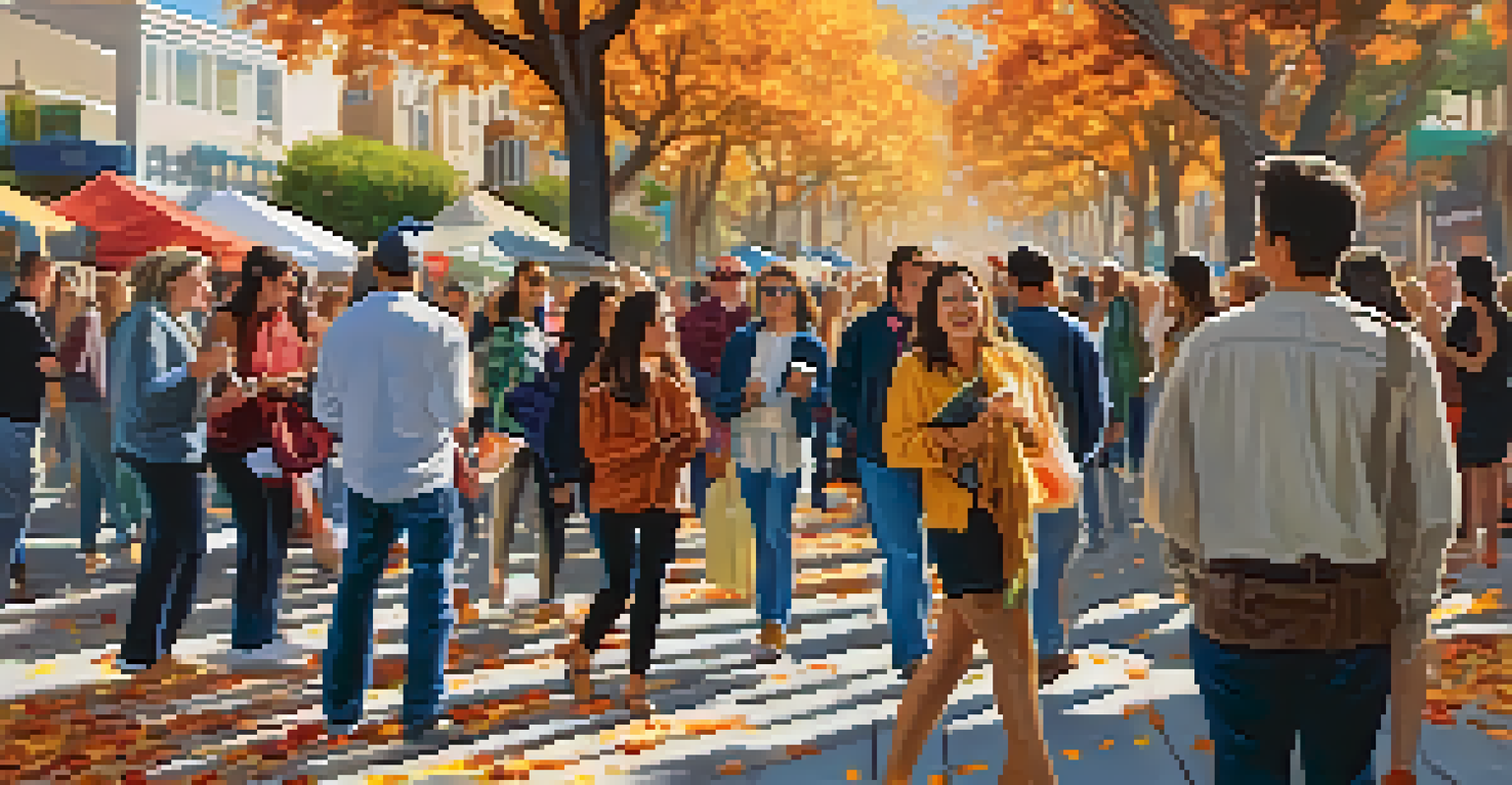 Festival-goers admiring colorful artworks during the Santa Monica Art Walk in the fall, surrounded by autumn leaves and festive lights.