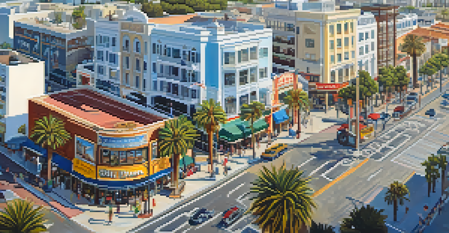 An aerial view of Santa Monica's downtown showcasing modern buildings, busy streets, and the iconic Santa Monica Pier.