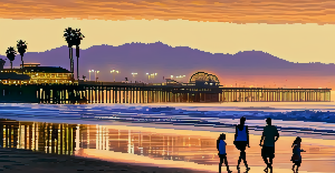 A colorful sunset at Santa Monica beach with palm trees in the foreground and the pier in the background, capturing the lively atmosphere of the area.