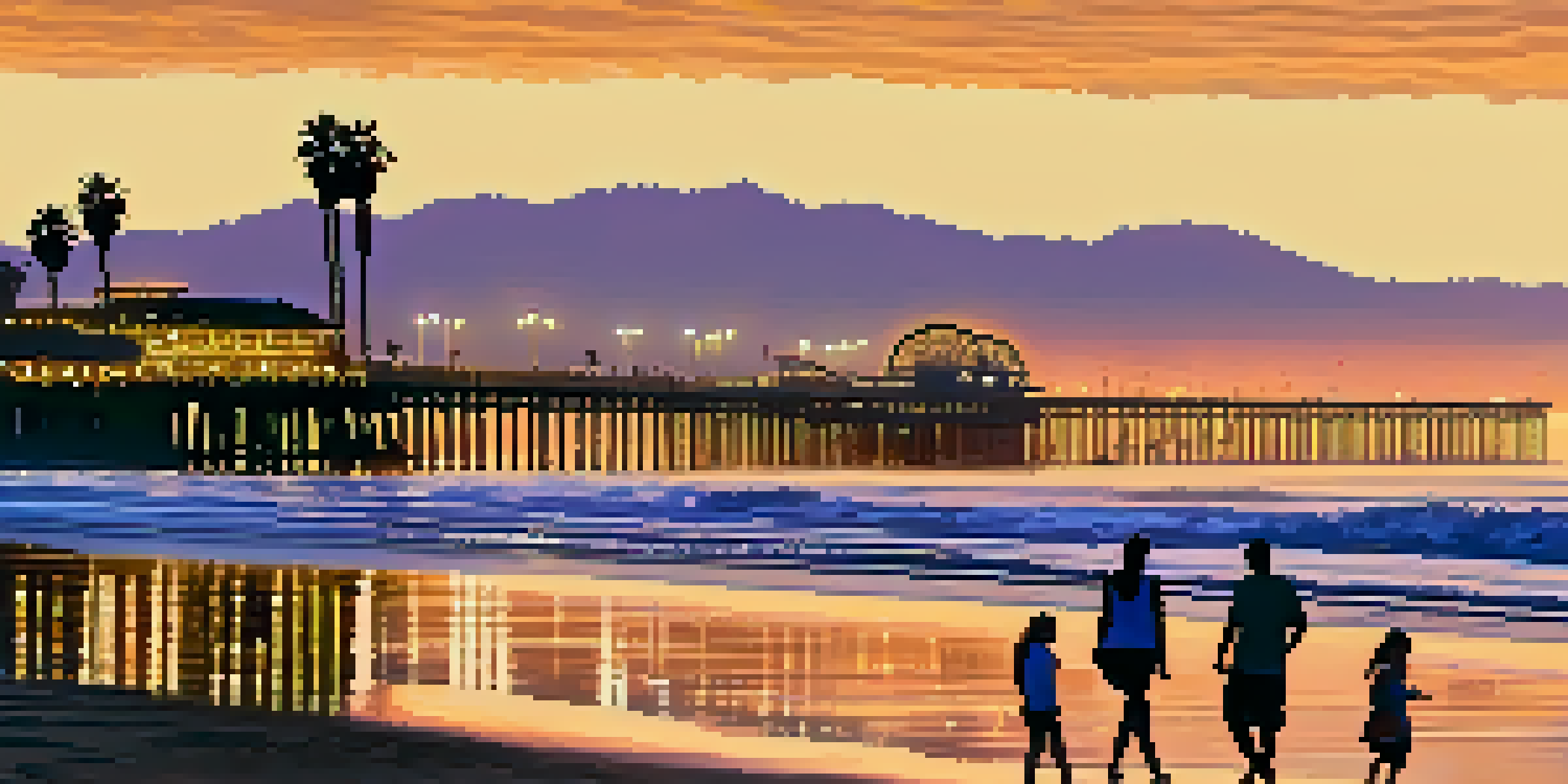 A colorful sunset at Santa Monica beach with palm trees in the foreground and the pier in the background, capturing the lively atmosphere of the area.