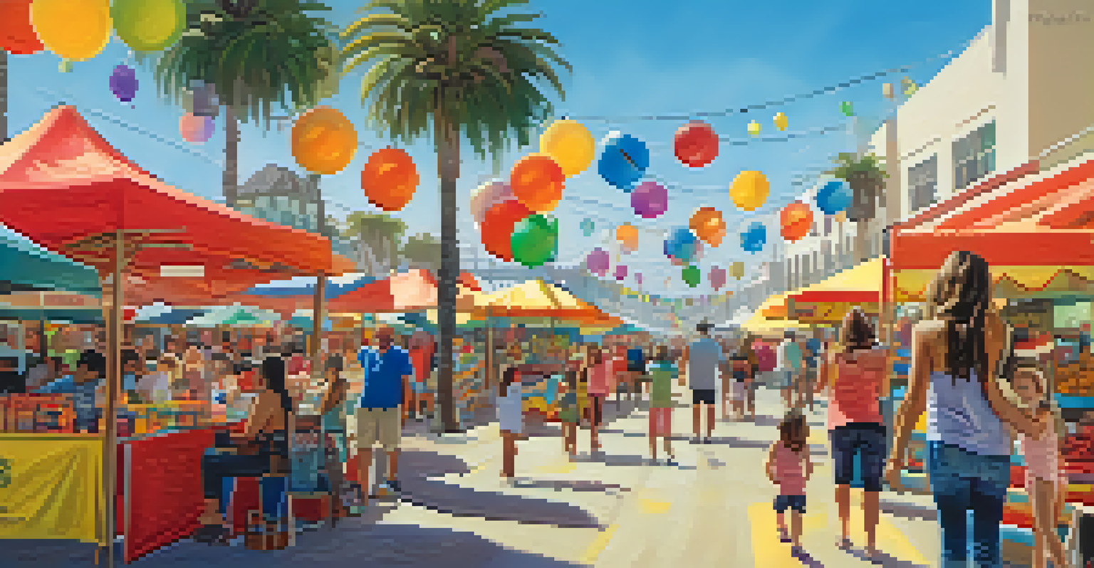 A joyful family at a beachfront market, with children getting face painted, colorful stalls around them, and live music in the background.
