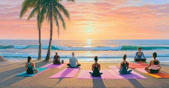 A diverse group of yogis practicing yoga on colorful mats at a beach during sunset, with palm trees and ocean waves in the background.