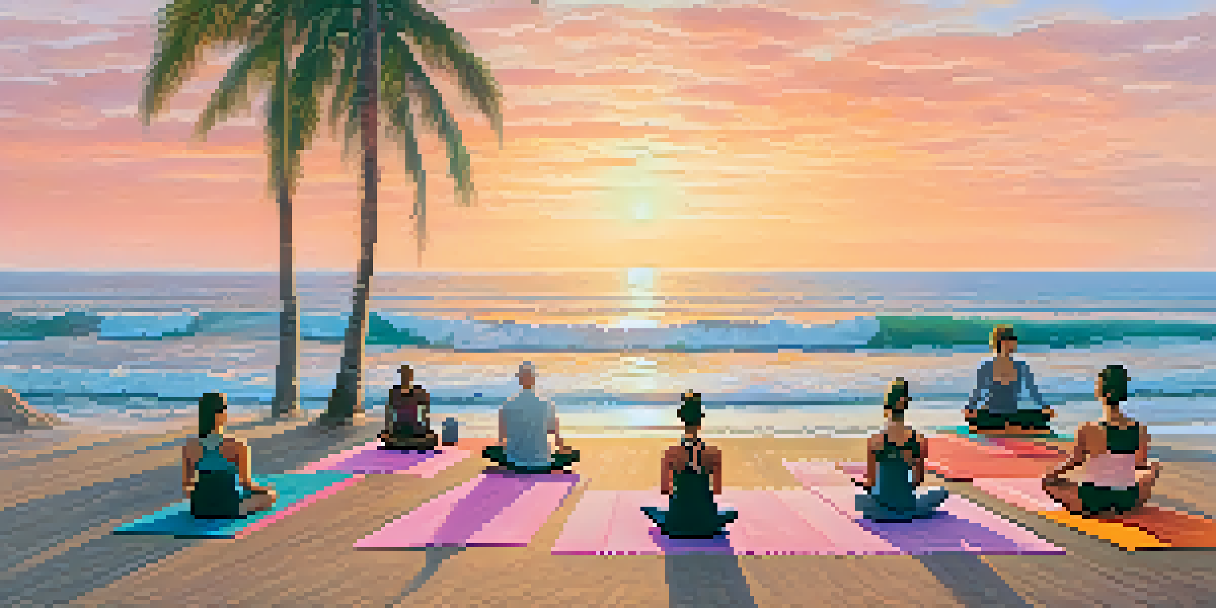 A diverse group of yogis practicing yoga on colorful mats at a beach during sunset, with palm trees and ocean waves in the background.