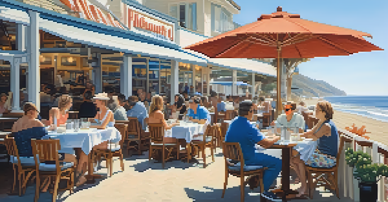 An outdoor restaurant by the beach with people dining on seafood, overlooking the ocean and surfers under a sunny sky.
