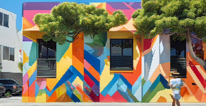 A colorful mural on a building in Santa Monica, with people admiring it under a sunny sky.