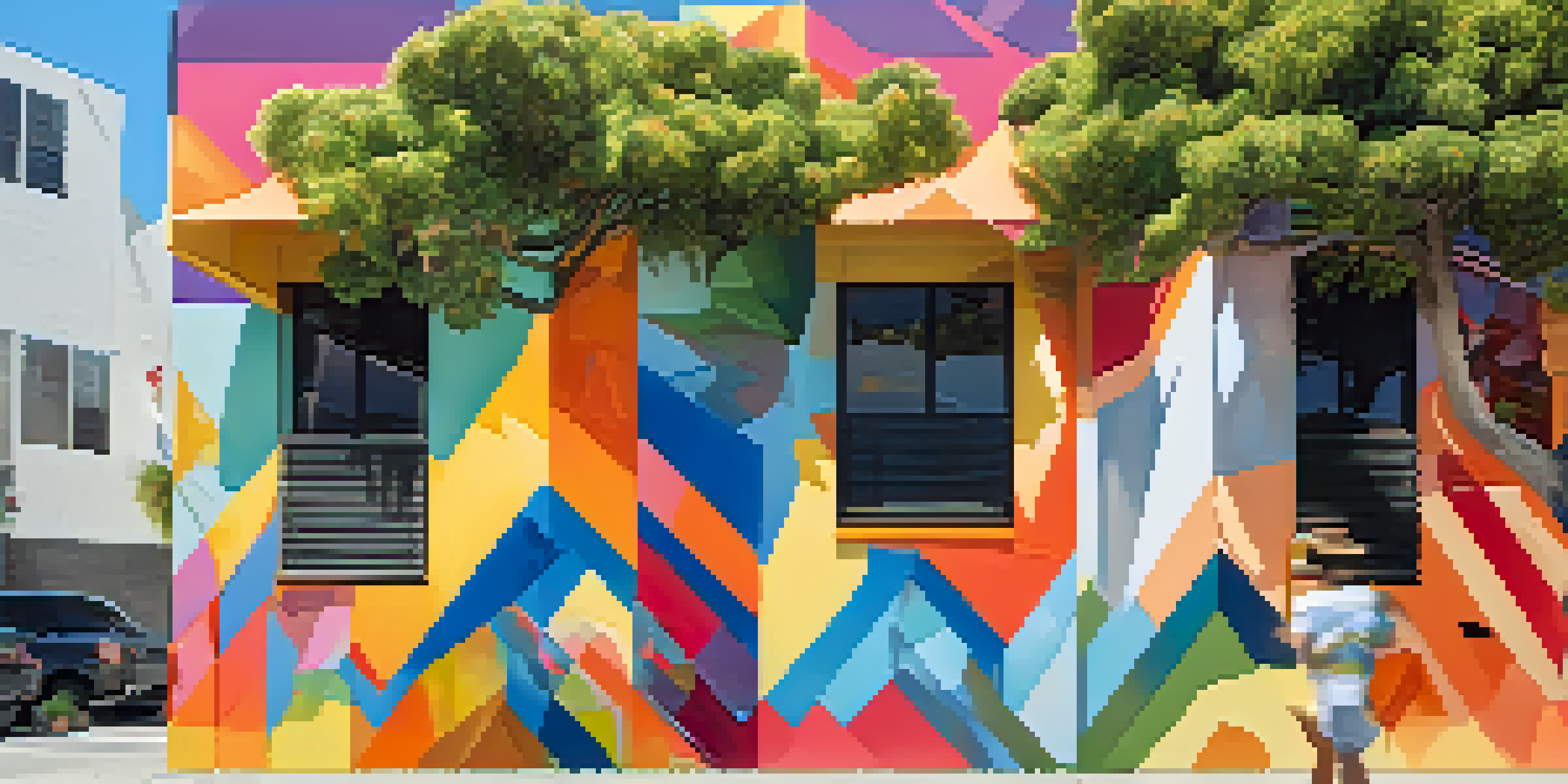 A colorful mural on a building in Santa Monica, with people admiring it under a sunny sky.