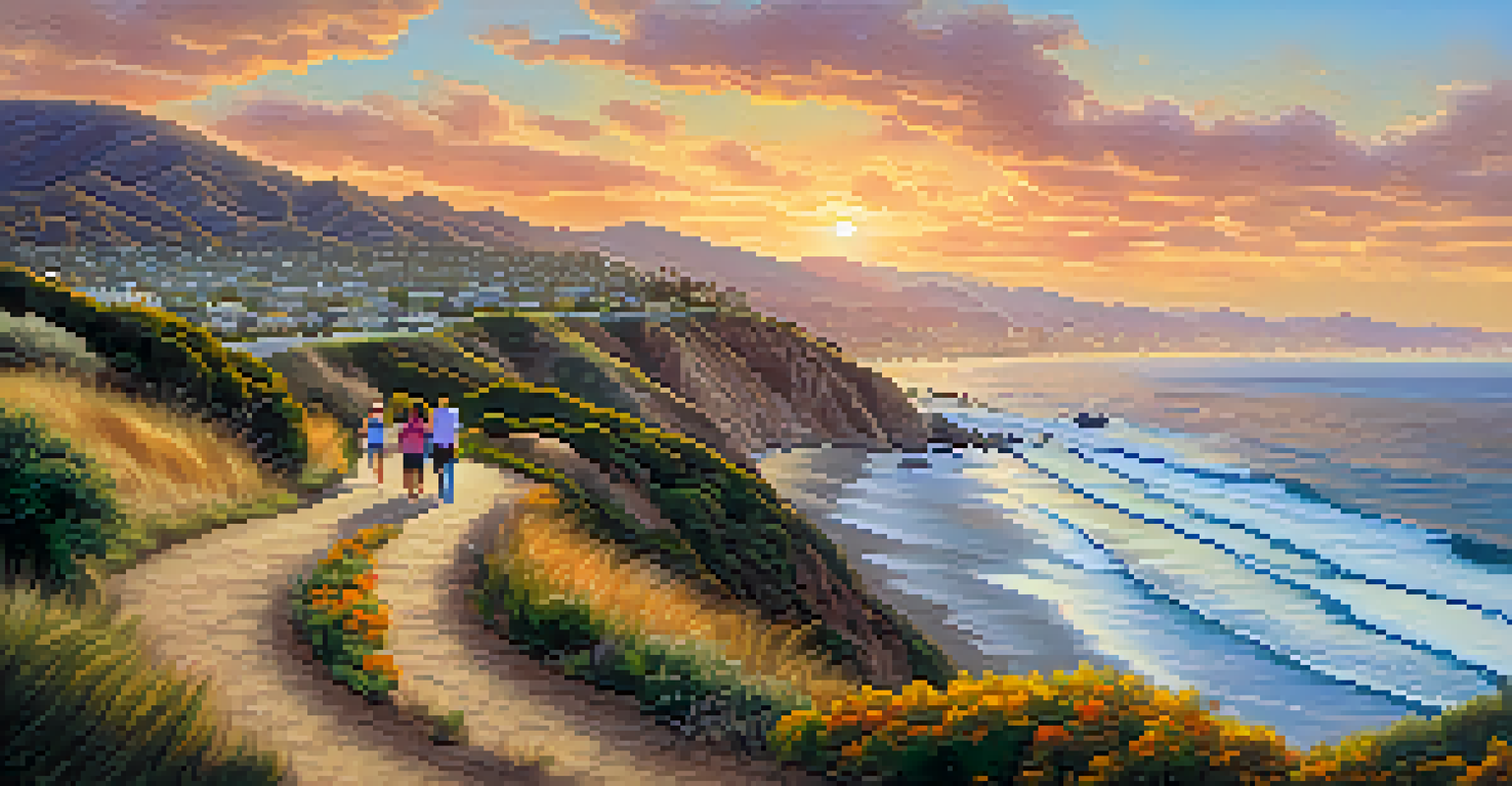 A sunset view of the Los Liones Trail in Santa Monica, with families hiking on a winding path and stunning ocean views in the background.