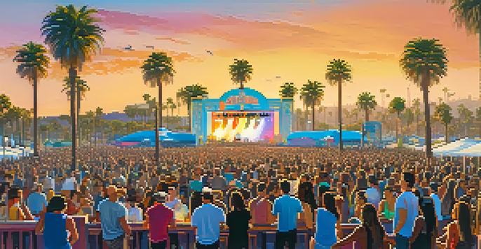An outdoor music festival in Santa Monica with musicians on stage and a cheering crowd, palm trees and the pier in the background.