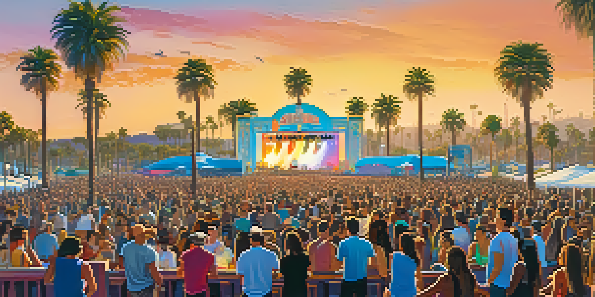 An outdoor music festival in Santa Monica with musicians on stage and a cheering crowd, palm trees and the pier in the background.