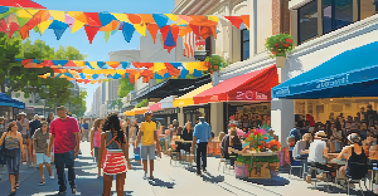 A lively Third Street Promenade with street performers and art installations, showcasing a vibrant community atmosphere.