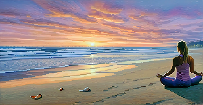 A serene beach at sunset with a person doing yoga on the sand, surrounded by seashells and beach grass.