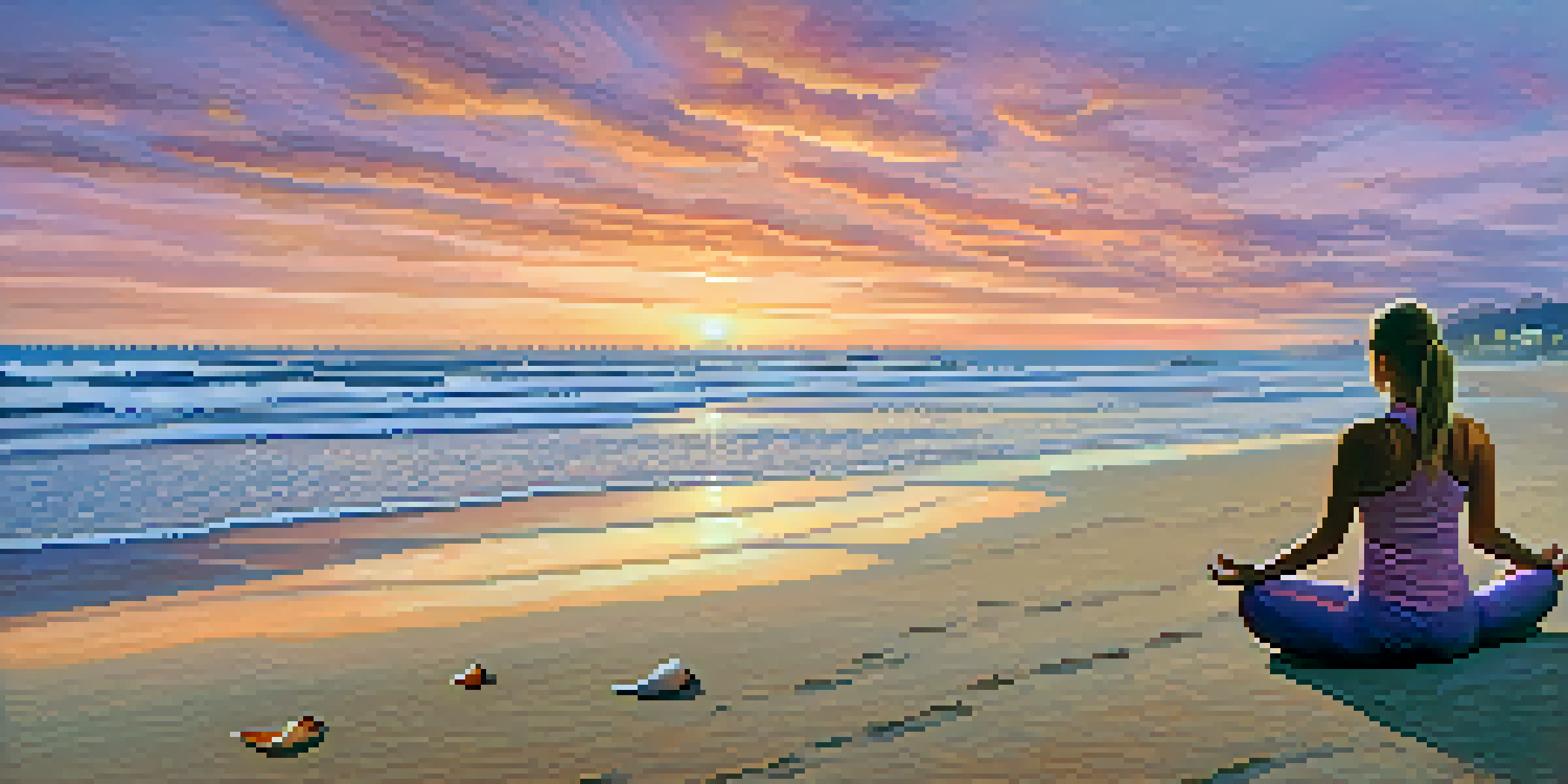 A serene beach at sunset with a person doing yoga on the sand, surrounded by seashells and beach grass.