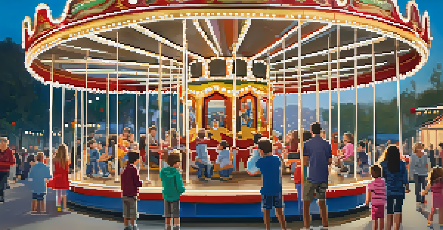 A joyful family gathering at the Santa Monica carousel with holiday decorations, children riding, and parents taking photos.
