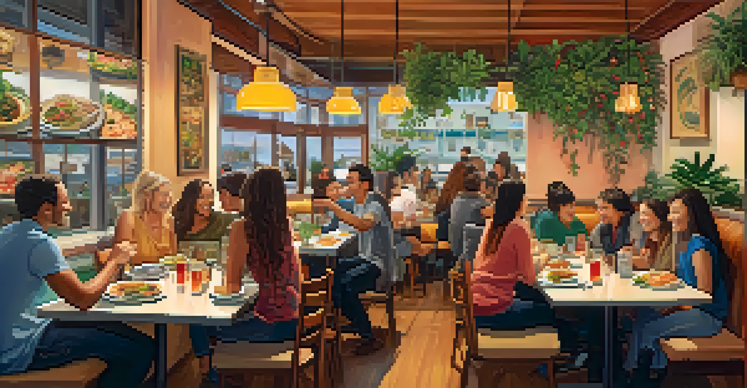 A diverse group of friends enjoying a meal at a Santa Monica café, with a variety of international dishes on the table.