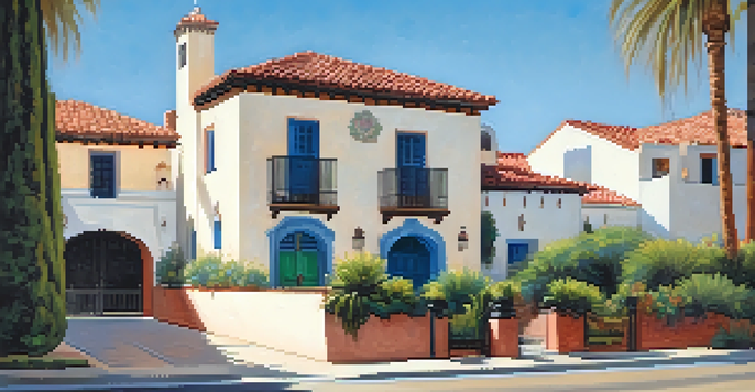 A sunny street in Santa Monica with Spanish Colonial Revival buildings, showcasing stucco walls and red tile roofs surrounded by greenery.