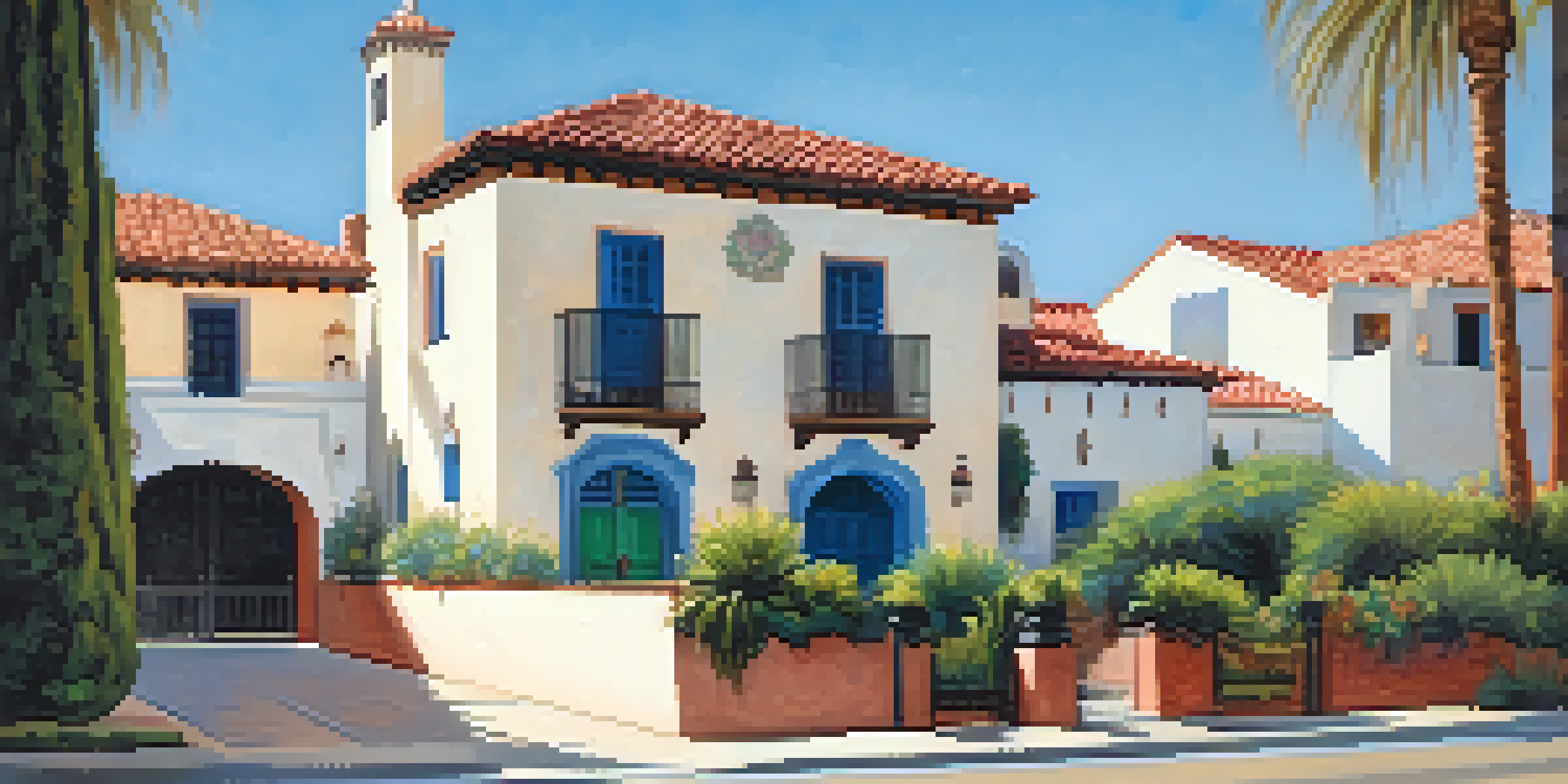 A sunny street in Santa Monica with Spanish Colonial Revival buildings, showcasing stucco walls and red tile roofs surrounded by greenery.