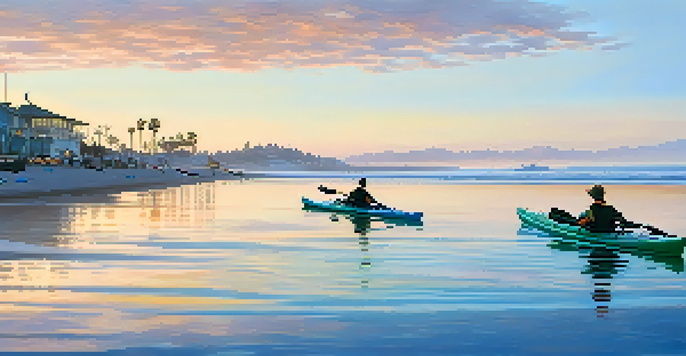 A peaceful morning kayaking scene in Santa Monica with kayakers and sea lions near the pier.