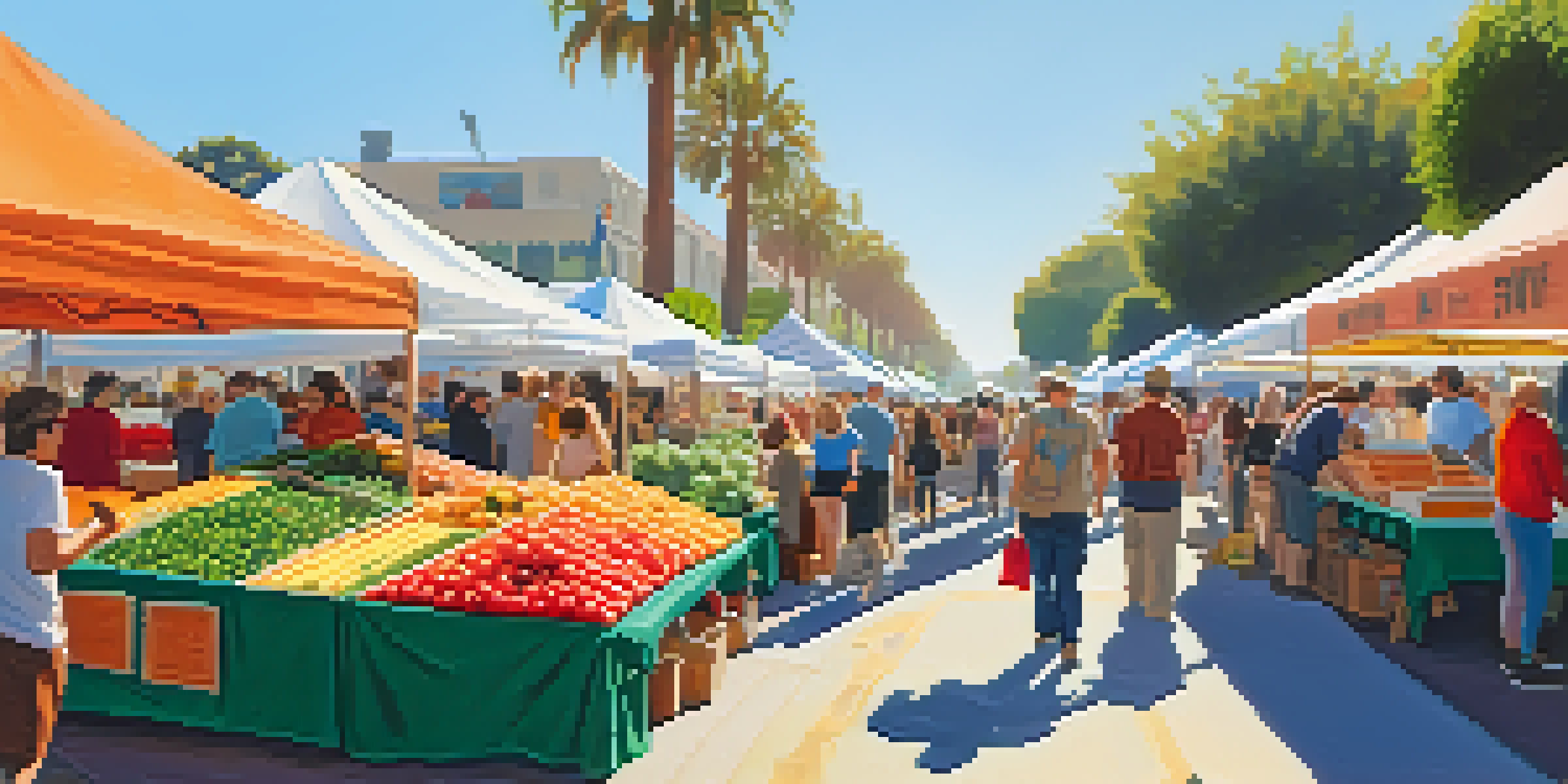 A lively farmers market in Santa Monica with colorful stalls and artisans showcasing fresh produce and handmade goods under bright sunlight.