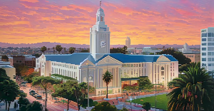 A sunset view of the Santa Monica Civic Center with the City Hall clock tower and people engaging in community activities.