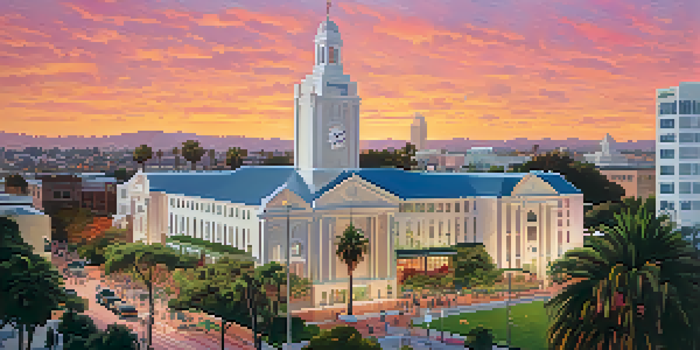 A sunset view of the Santa Monica Civic Center with the City Hall clock tower and people engaging in community activities.