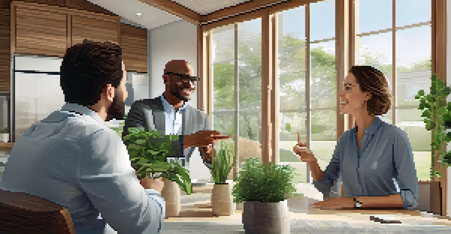 A real estate agent showing a couple sustainable housing options in a modern home.