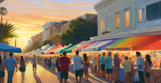 An art walk in Santa Monica featuring local artists, attendees, and colorful banners during sunset.